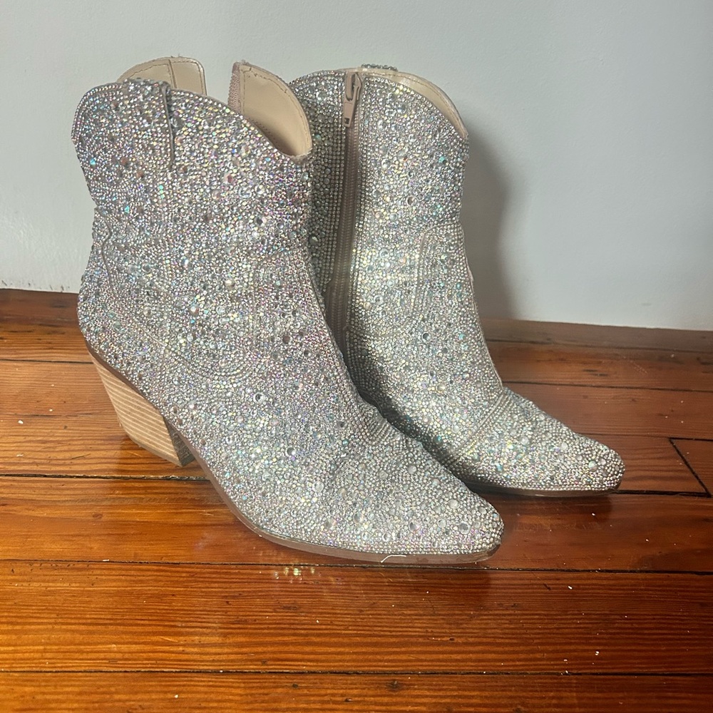 Silver Glitter Western Ankle Boots